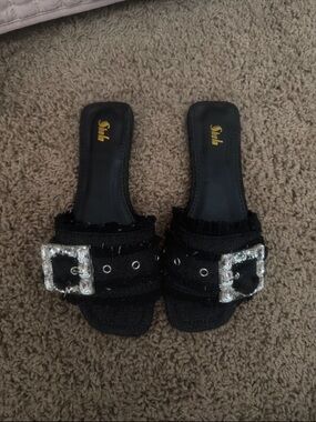 Black Slide Sandals with Jeweled Buckle